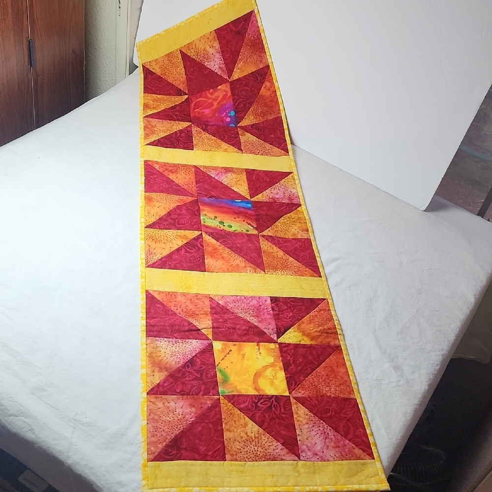 Red Yellow Orange Colorful Quilted Table Runner Handmade